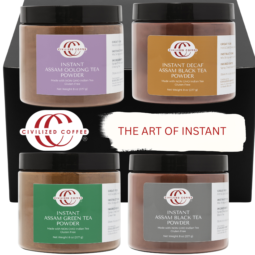 Civilized Coffee Instant Tea Variety Gift Box — Assam Black, Decaf, Oolong & Green (4-Jar Set, 8 oz)