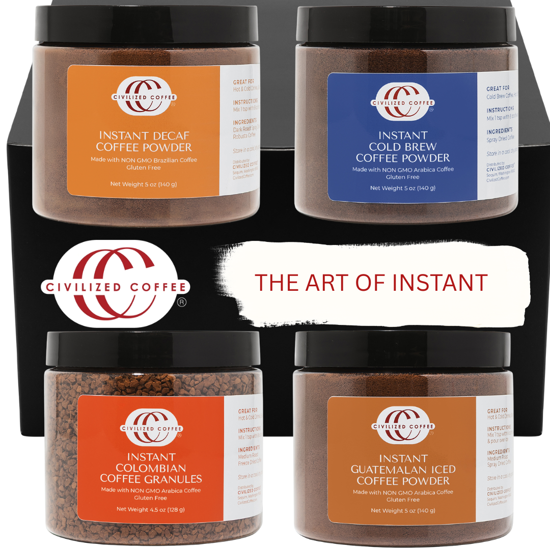 Civilized Coffee Gift Box Instant Coffee Variety Pack Colombian, Cold Brew, Iced & Decaf (4-Jar Variety)